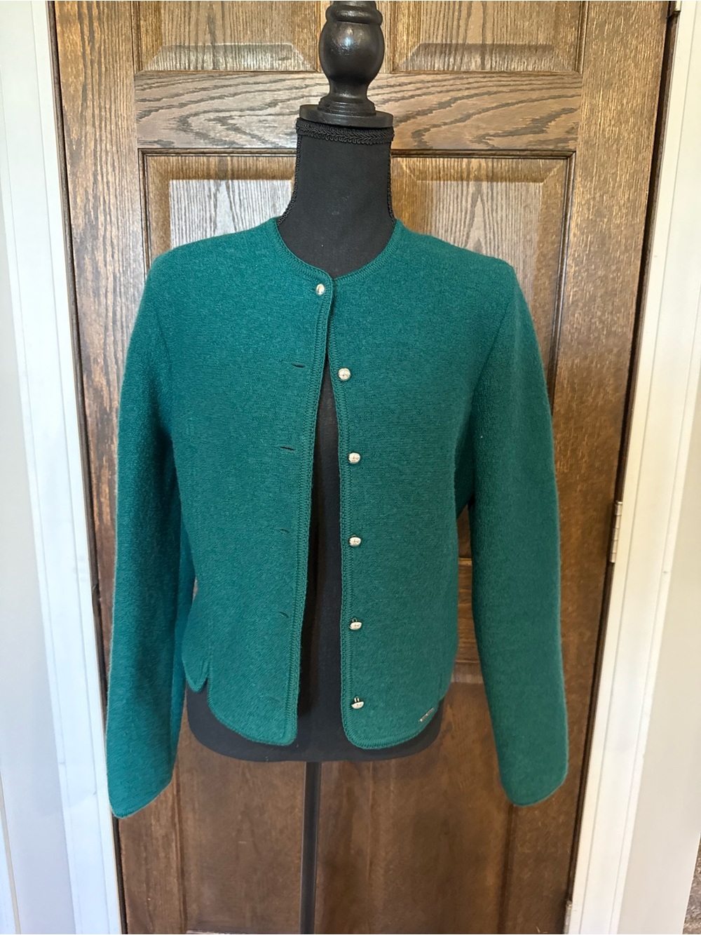 Geiger Women's Green Crewneck Pearl Button Cardigan Boiled Wool Sweater